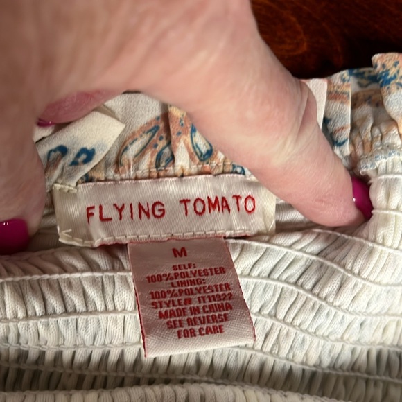 Flying Tomato Womens Top M Cream Blue Gold Smocked Bodice Off-Shoulder Smocked - Picture 11 of 12